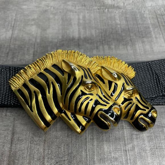Vintage DOREEN RYAN Double Zebra Head Gold Black 1.25 in adjustable belt 35 in main image 7